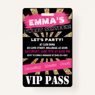 VIP Sweet 16 or Any Event Pass Custom Wording ID Badge