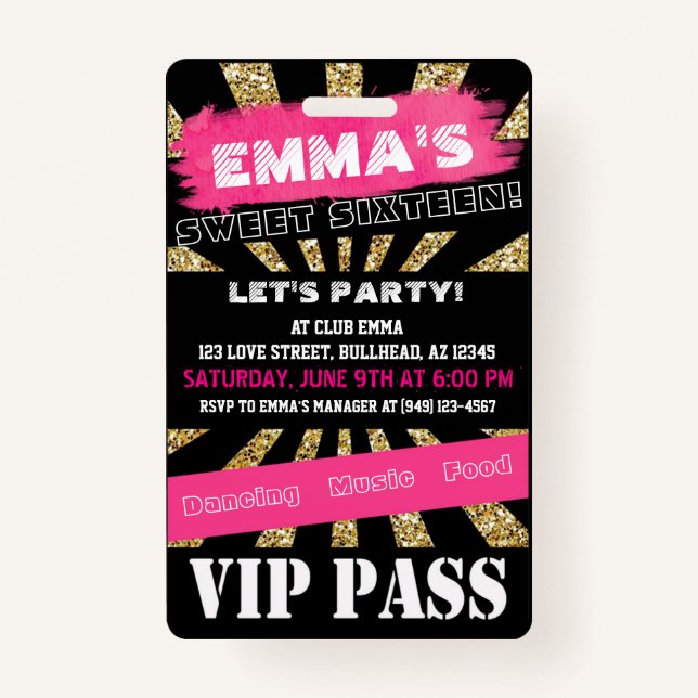 VIP Sweet 16 or Any Event Pass Custom Wording ID Badge (Front)