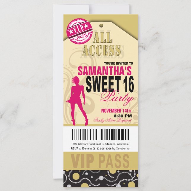 VIP Sweet 16 Ticket (fuschia khaki) Invitation (Front)