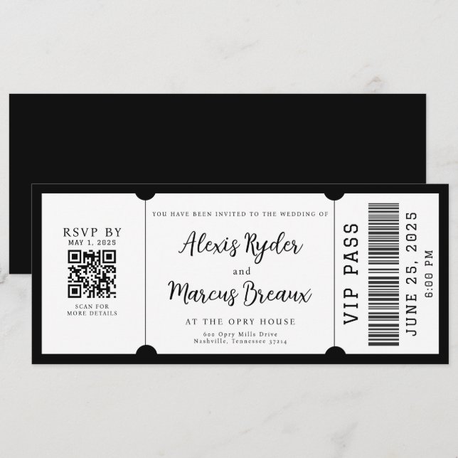 VIP Ticket Black and White Wedding Invitation (Front/Back)