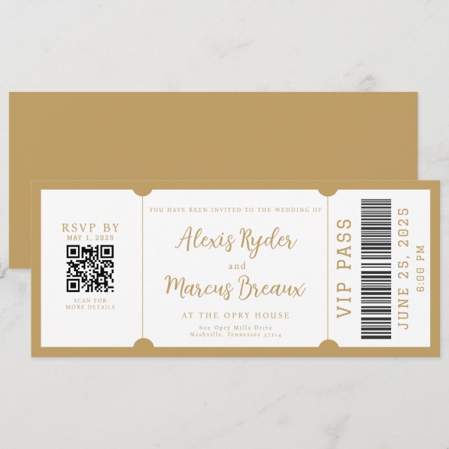 VIP Ticket Trendy Gold Wedding Invitation (Front/Back)
