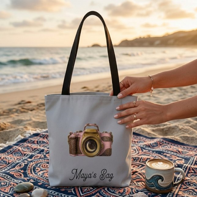 Viral Custom Name Camera Gift Sleek Trendy Tote Bag (Creator Uploaded)