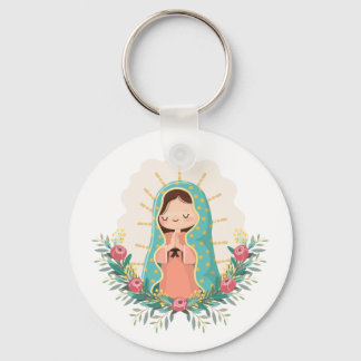 Virgen de Guadalupe kawaii adorned with flowers Key Ring