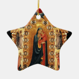 VIRGIN AND CHILD, ANGELS GOLD SACRED ART Red Ruby Ceramic Ornament