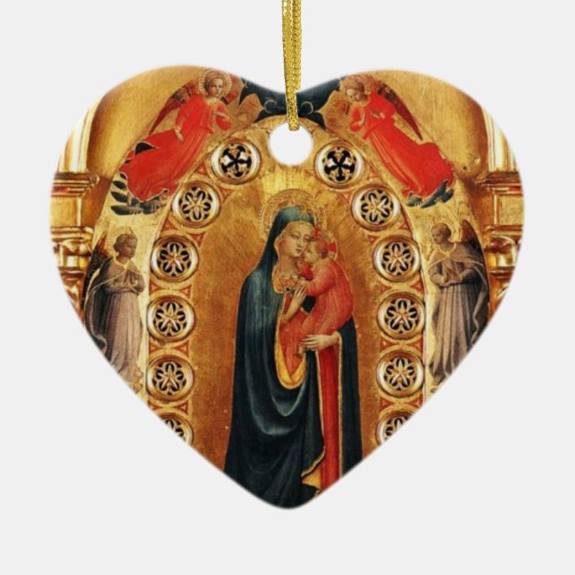 VIRGIN AND CHILD, ANGELS GOLD SACRED ART Red Ruby Ceramic Ornament (Front)