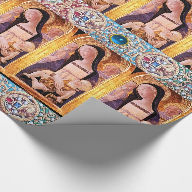 VIRGIN AND CHILD, ANGELS WITH RED BLUE GEMSTONES WRAPPING PAPER (Corner)