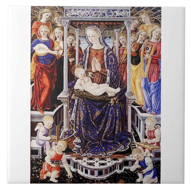 Virgin and Child Enthroned with Music-Making Angel Ceramic Tile (Front)
