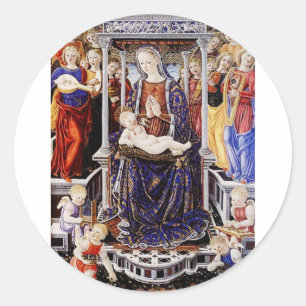 Virgin and Child Enthroned with Music-Making Angel Classic Round Sticker