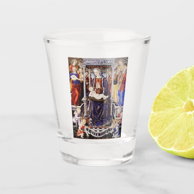 Virgin and Child Enthroned with Music-Making Angel Shot Glass (Front)