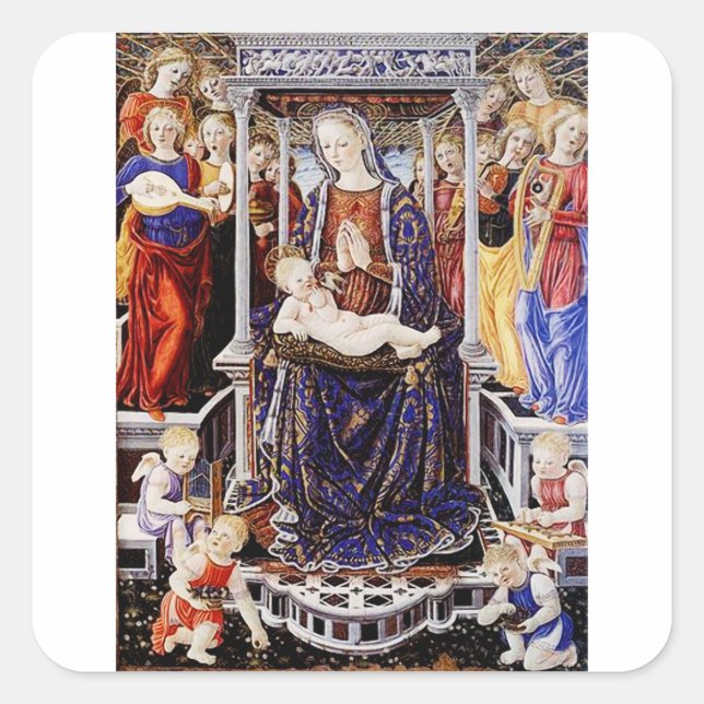Virgin and Child Enthroned with Music-Making Angel Square Sticker (Front)