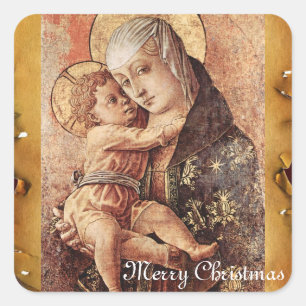 VIRGIN AND CHILD MERRY CHRISTMAS PARCHMENT SQUARE STICKER
