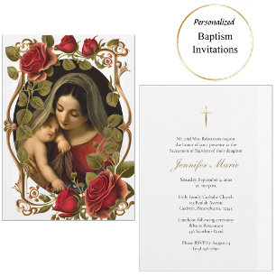 Virgin and Child Red Roses Roman Catholic Baptism Invitation