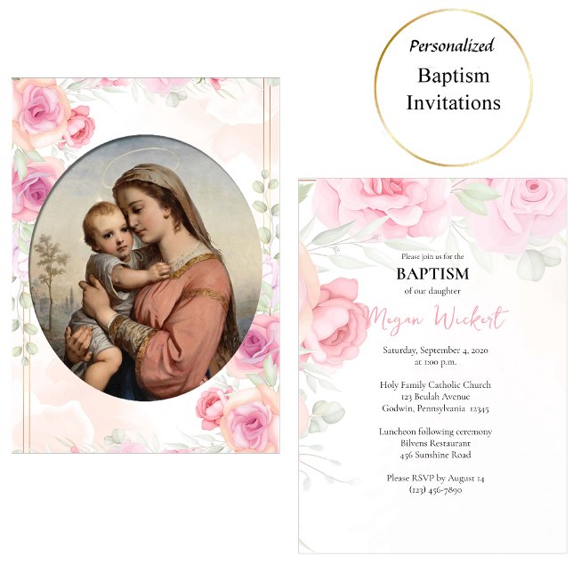 Virgin and Child Soft Pink Roses Catholic Baptism Invitation (Creator Uploaded)