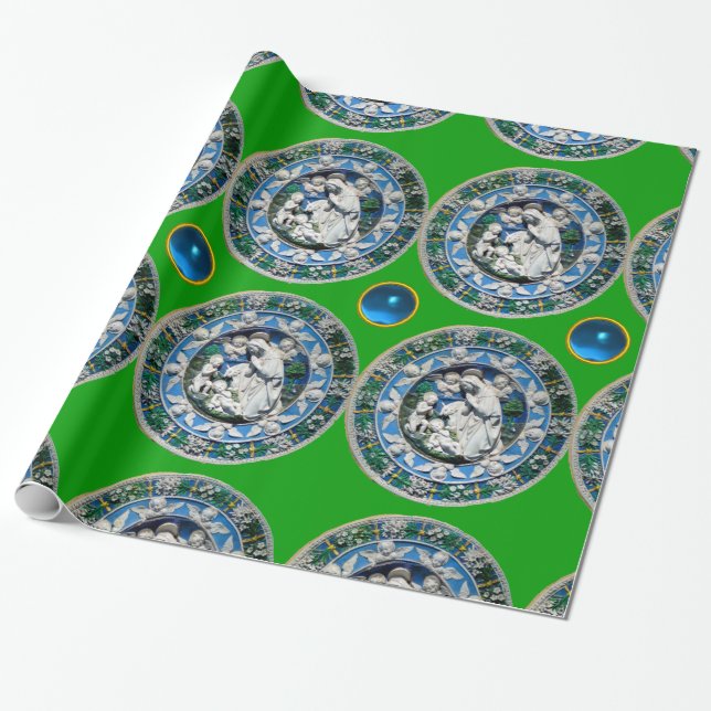 VIRGIN AND CHILD WITH ANGELS,Blue Sapphire Green Wrapping Paper (Unrolled)