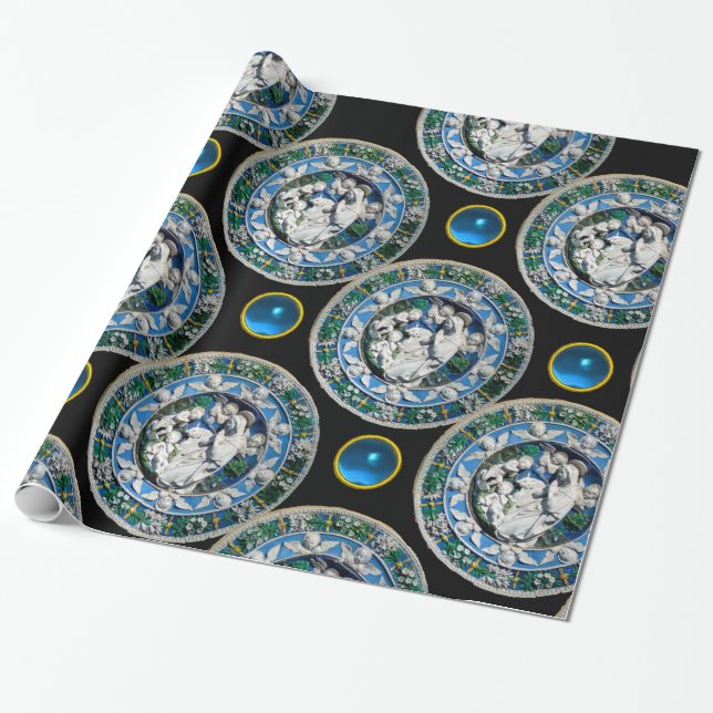 VIRGIN AND CHILD WITH ANGELS, Round Blue Sapphire Wrapping Paper (Unrolled)