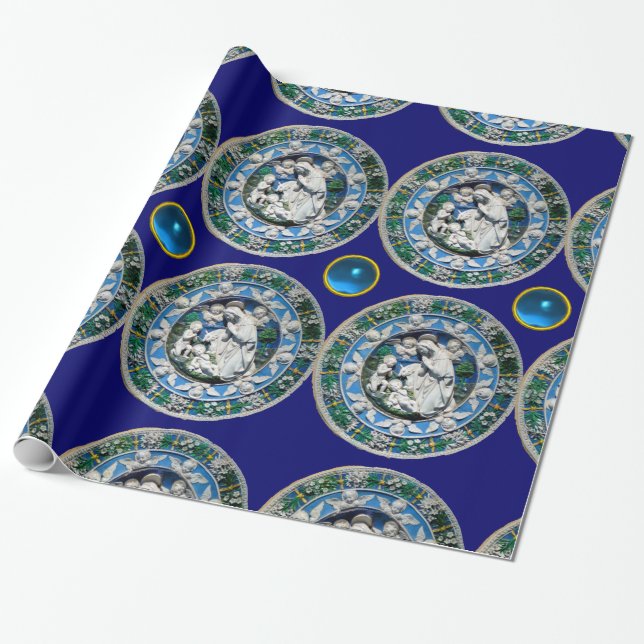 VIRGIN AND CHILD WITH ANGELS, Round Blue Sapphire Wrapping Paper (Unrolled)