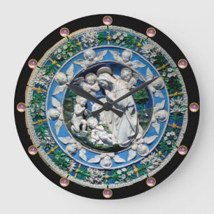 VIRGIN AND CHILD WITH ANGELS, Round Pink Gemstones Large Clock