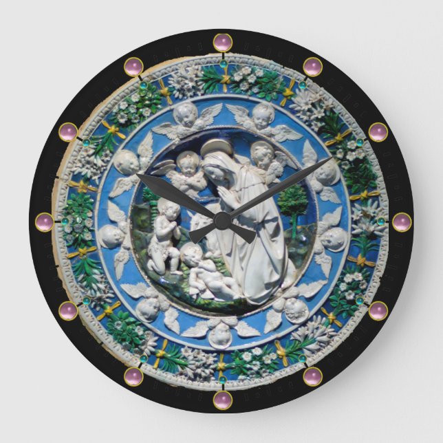 VIRGIN AND CHILD WITH ANGELS, Round Pink Gemstones Large Clock (Front)