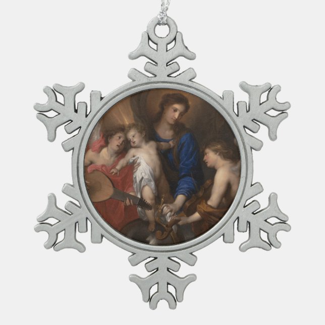 Virgin and Child with Music Making Angels Snowflake Pewter Christmas Ornament (Front)