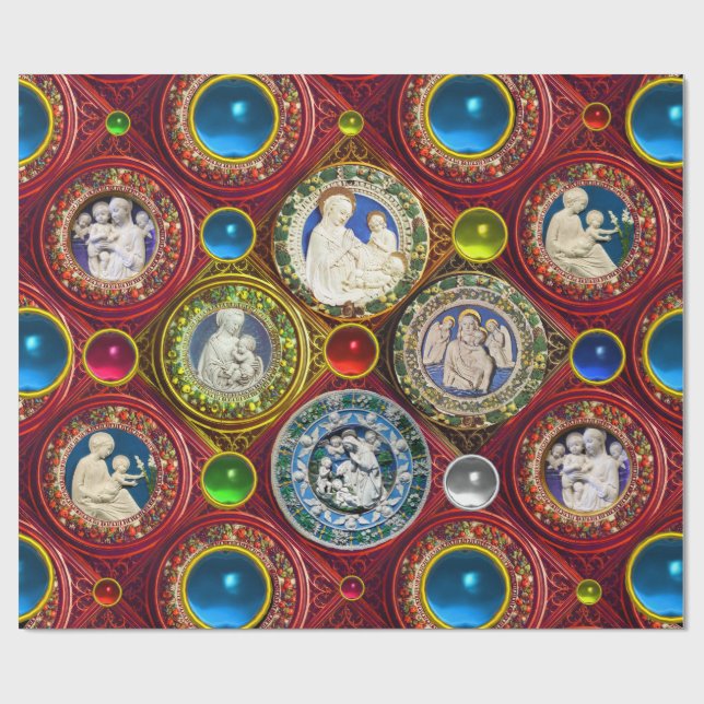 VIRGIN,CHILD,ANGELS,FLORAL CHRISTMAS CROWNS,GEMS WRAPPING PAPER (Flat)