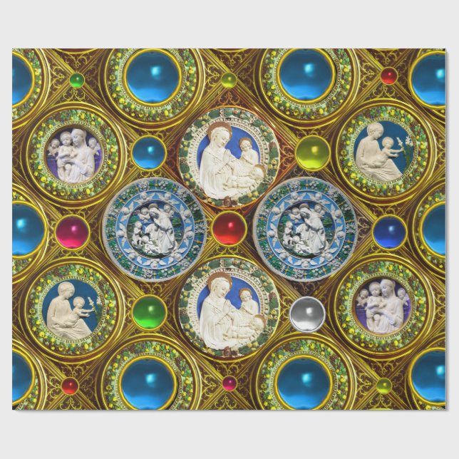 VIRGIN,CHILD,ANGELS,FLORAL CHRISTMAS CROWNS,GEMS WRAPPING PAPER (Flat)