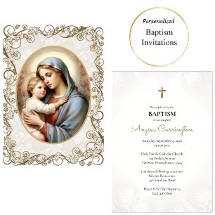 Virgin & Child Ornate Gold Frame Catholic Baptism  Invitation
