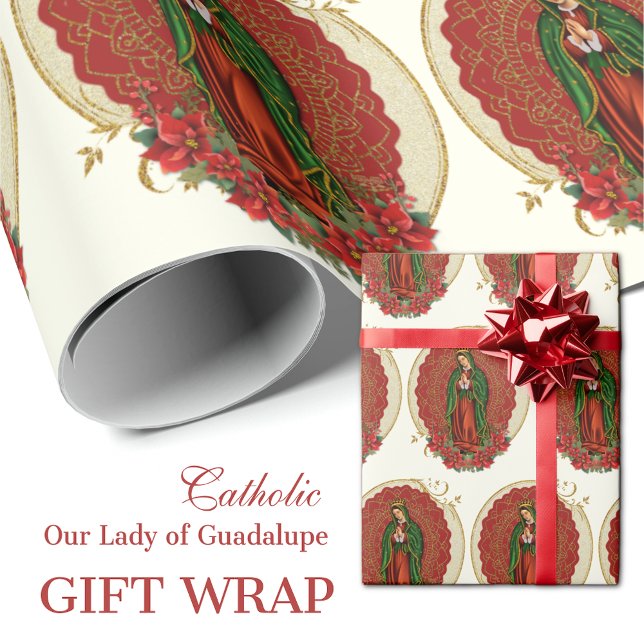 Virgin Guadalupe Catholic Christmas Pointsettia   Wrapping Paper (Catholic Our Lady of Guadalupe Gift Wrap with red poinsettias)