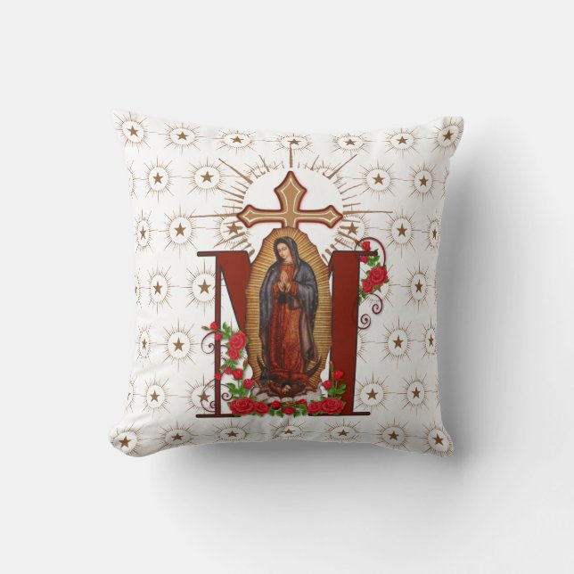 Virgin Guadalupe Catholic Religious Marian Cross Cushion (Front)