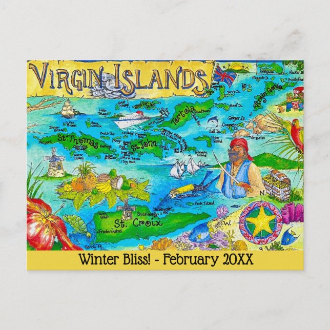 Virgin Islands Illustrated Map Postcard (Front)