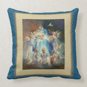 Virgin Madonna Mary with Christ Child Jesus Angels Cushion