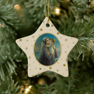 Virgin Mary and Baby Jesus on Starry Background Ceramic Ornament