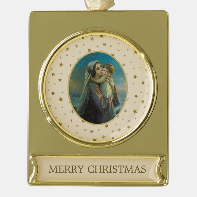 Virgin Mary and Baby Jesus on Starry Background Gold Plated Banner Ornament (Front)