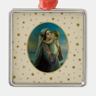 Virgin Mary and Baby Jesus on Starry Background Metal Ornament