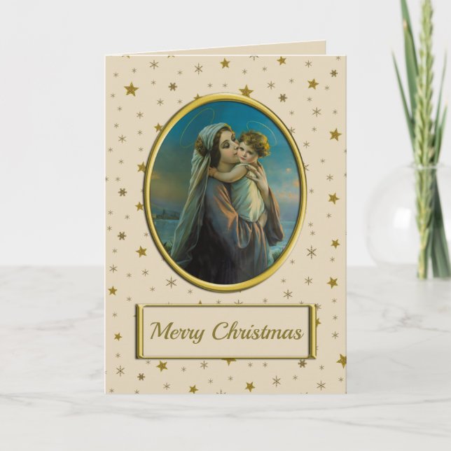 Virgin Mary and Baby Jesus on Starry Christmas Holiday Card (Front)