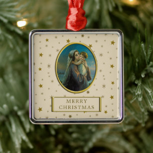 Virgin Mary and Baby Jesus on Starry Christmas Metal Ornament