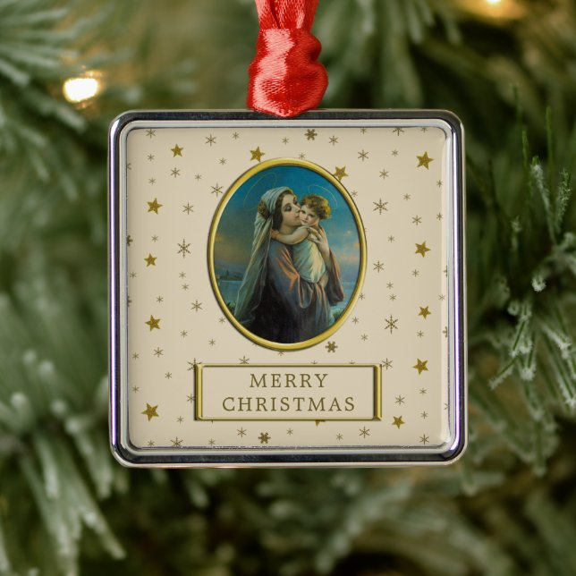 Virgin Mary and Baby Jesus on Starry Christmas Metal Ornament (Tree)