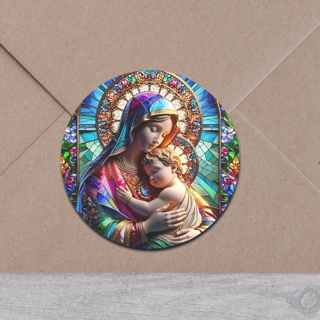 Virgin Mary and Baby Jesus Stained Glass Classic Round Sticker (Creator Uploaded)