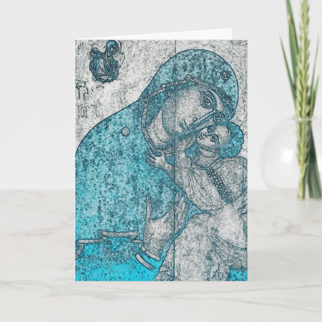 Virgin Mary and Infant Jesus Christ Vintage Blue Holiday Card (Front)