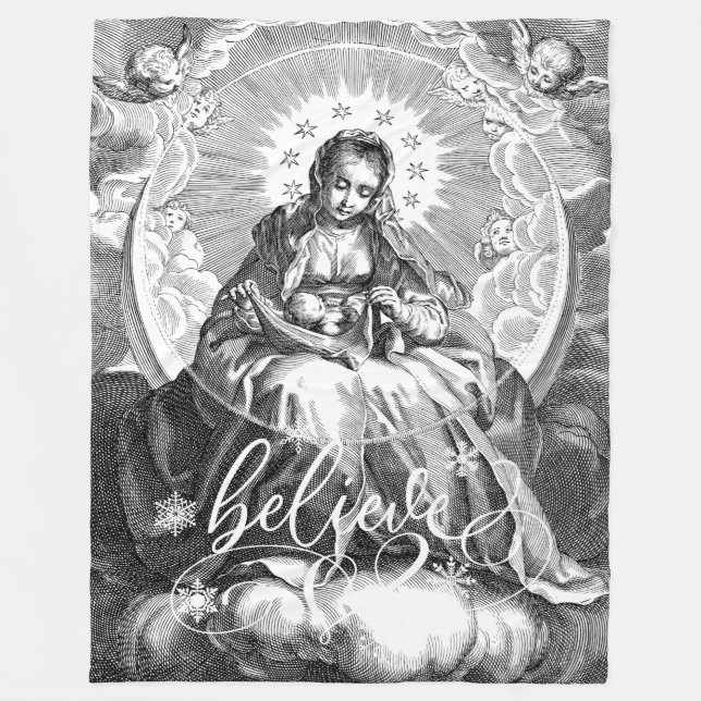 Virgin Mary and Jesus Black and White Fleece Blanket (Front)