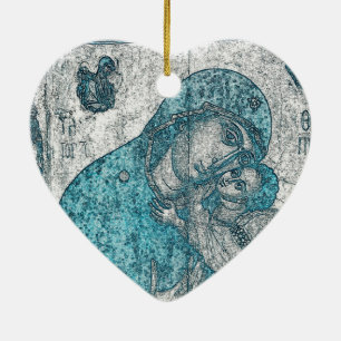Virgin Mary Baby Jesus Angel Portrait Vintage Blue Ceramic Ornament