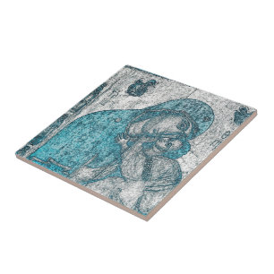 Virgin Mary Baby Jesus Angel Portrait Vintage Blue Tile