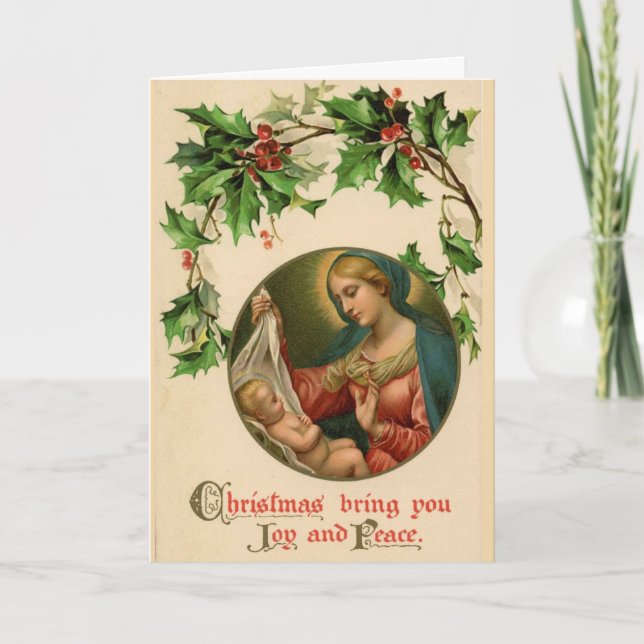 Virgin Mary Baby Jesus Holly Ivy Religious Holiday Card (Front)