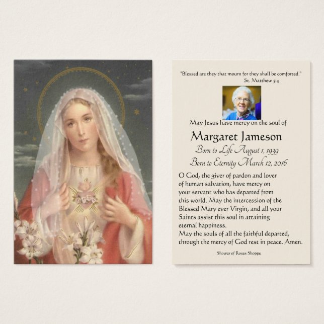 Virgin Mary  Catholic Funeral Memorial Holy Card - (Front & Back)