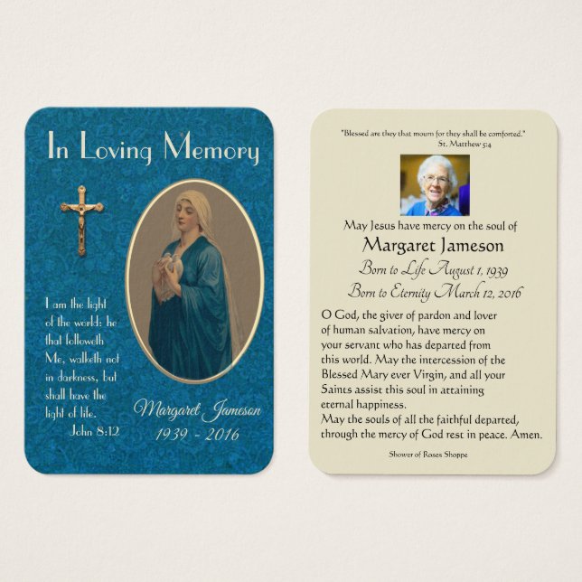 Virgin Mary Catholic Funeral Memorial Holy Card - (Front & Back)