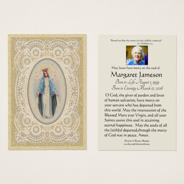 Virgin Mary Catholic Funeral Memorial Holy Card - (Front & Back)