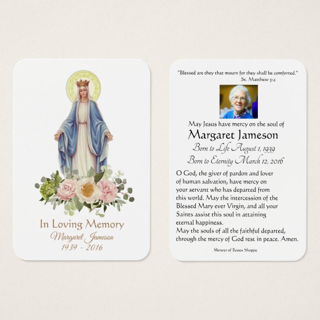 Virgin Mary Catholic Funeral Memorial Holy Card - (Front & Back)