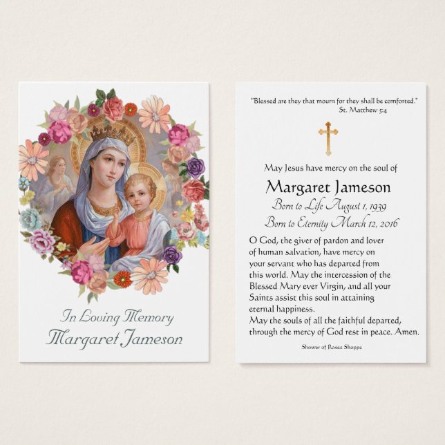 Virgin Mary Catholic Funeral Memorial Holy Card - (Front & Back)