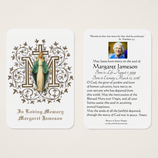 Virgin Mary Catholic Funeral Memorial Holy Card - (Front & Back)
