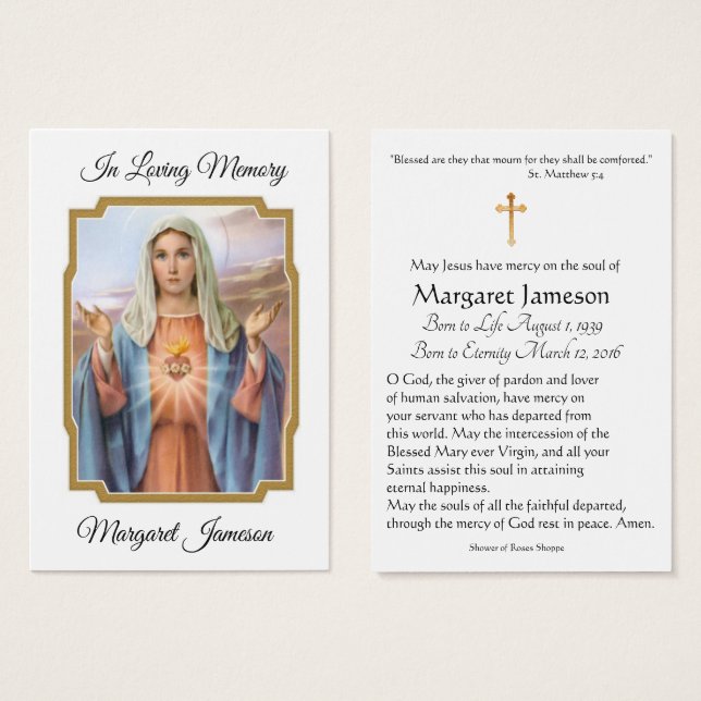 Virgin Mary Catholic Funeral Memorial Holy Card - (Front & Back)