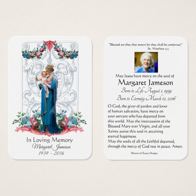 Virgin Mary Catholic Funeral Memorial Holy Card - (Front & Back)